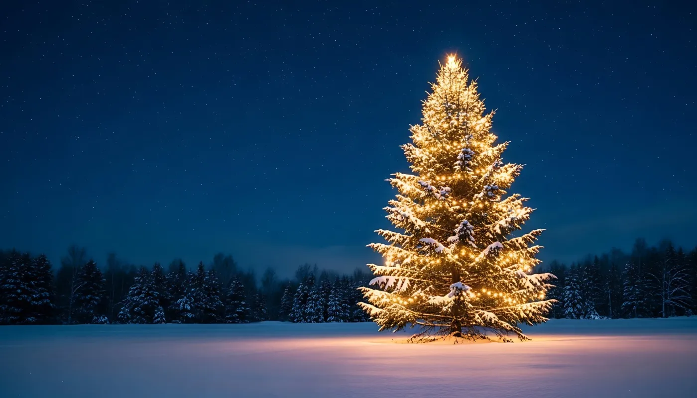 Afbeelding voor GGD kerstkaart. Verlichte kerstboom in een verder donker sneeuw landschap. Veel blauwtinten, donker bos met dennebomen. Op de voorgrond een mooie kerstboom met sfeervol gele verlichting.